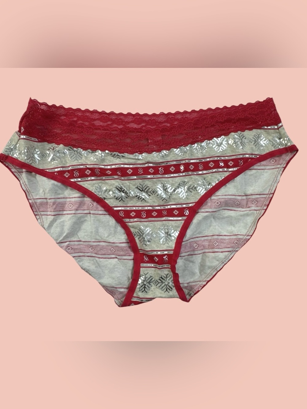 VICTORIA'S SECRET Red W/ SILVER SNOWFLAKES LOGO HIPHUGGER PANTIES SZ L